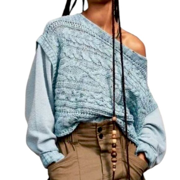 Free People Sweaters - Free People Honey Cable Pullover Wide Scoop Neck Dolman Sleeve Sweater Blue XS